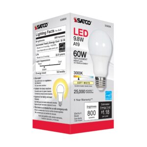 Satco S39836/06 9.8-Watt LED E26 Light Bulbs, 3000K, 25000 Hour Rating, Dimmable, 1 Count (Pack of 6)