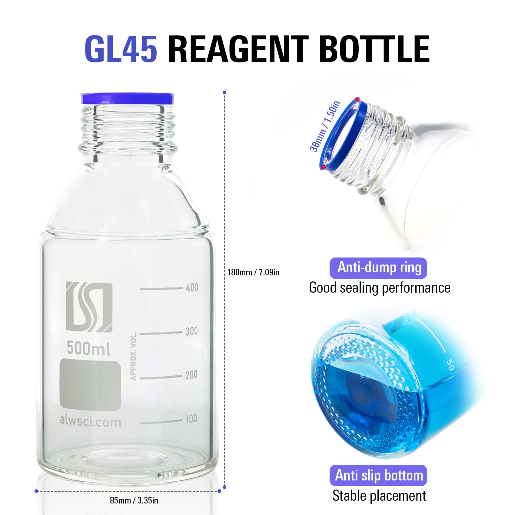 ALWSCI 500ml Graduated Glass Round Media Storage Bottle with blue GL45 Screw Cap, 3.3 Borosilicate Glass, Wide Mouth Lab Reagent Bottle, Pack of 1