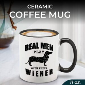 shop4ever Real Men Play with their Wiener Ceramic Coffee Mug Tea Cup, Funny Dachshund Weiner Dog Dad Gift 11 oz. (Black Handle)