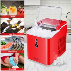 KUMIO Ice Makers Countertop, 26.5 Lbs/24H, 9 Bullet Ice Ready in 6-9 Mins with Ice Scoop and Basket, Compact Portable Ice Maker for Home Office Camping Party RV, Red