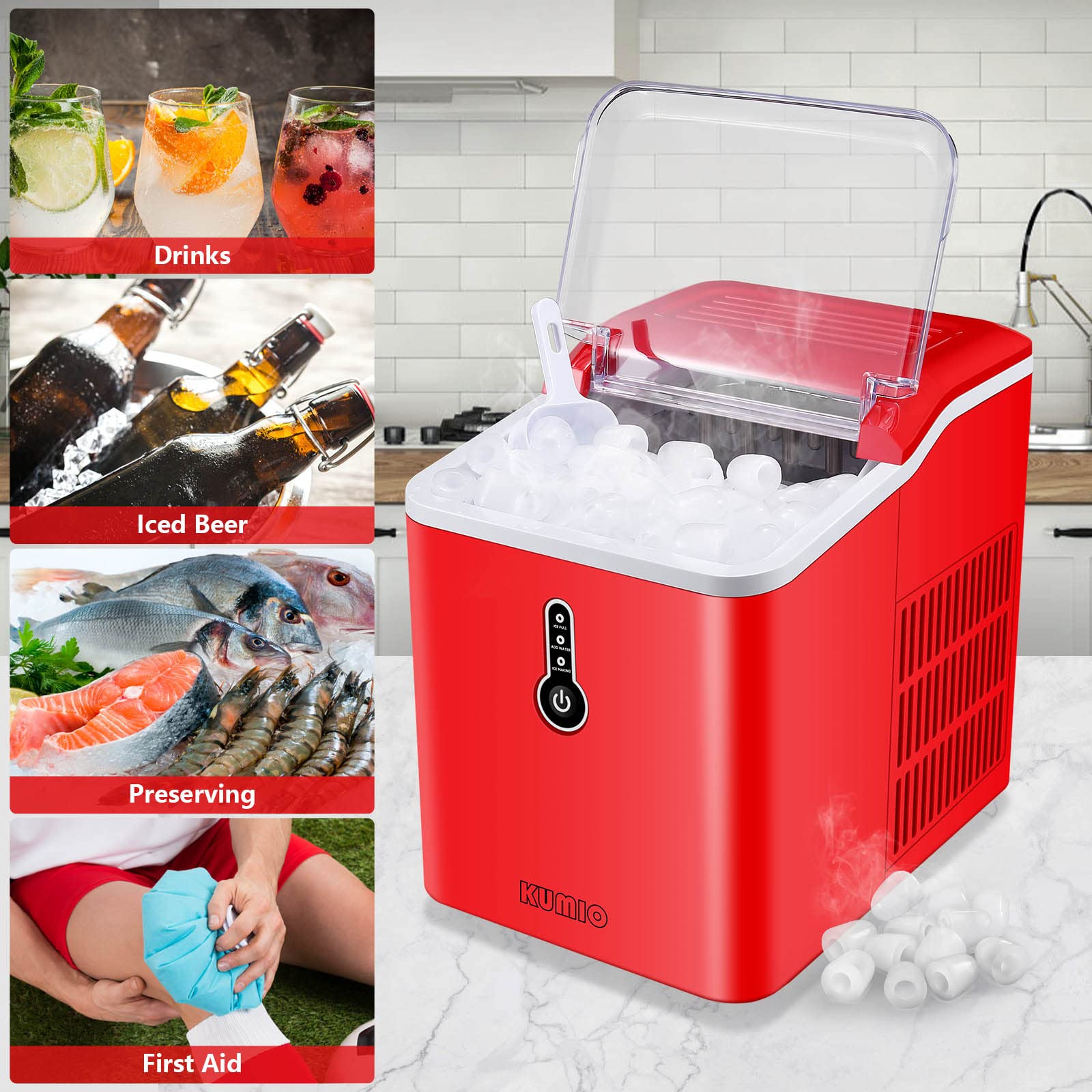 KUMIO Ice Makers Countertop, 26.5 Lbs/24H, 9 Bullet Ice Ready in 6-9 Mins with Ice Scoop and Basket, Compact Portable Ice Maker for Home Office Camping Party RV, Red