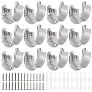 12 pcs stainless steel closet rod brackets, 1-1/4 inch dia heavy duty socket flange rod holder, shower curtain rod pole end supports, open type wardrobe bracket holder with screws u-shaped, silver