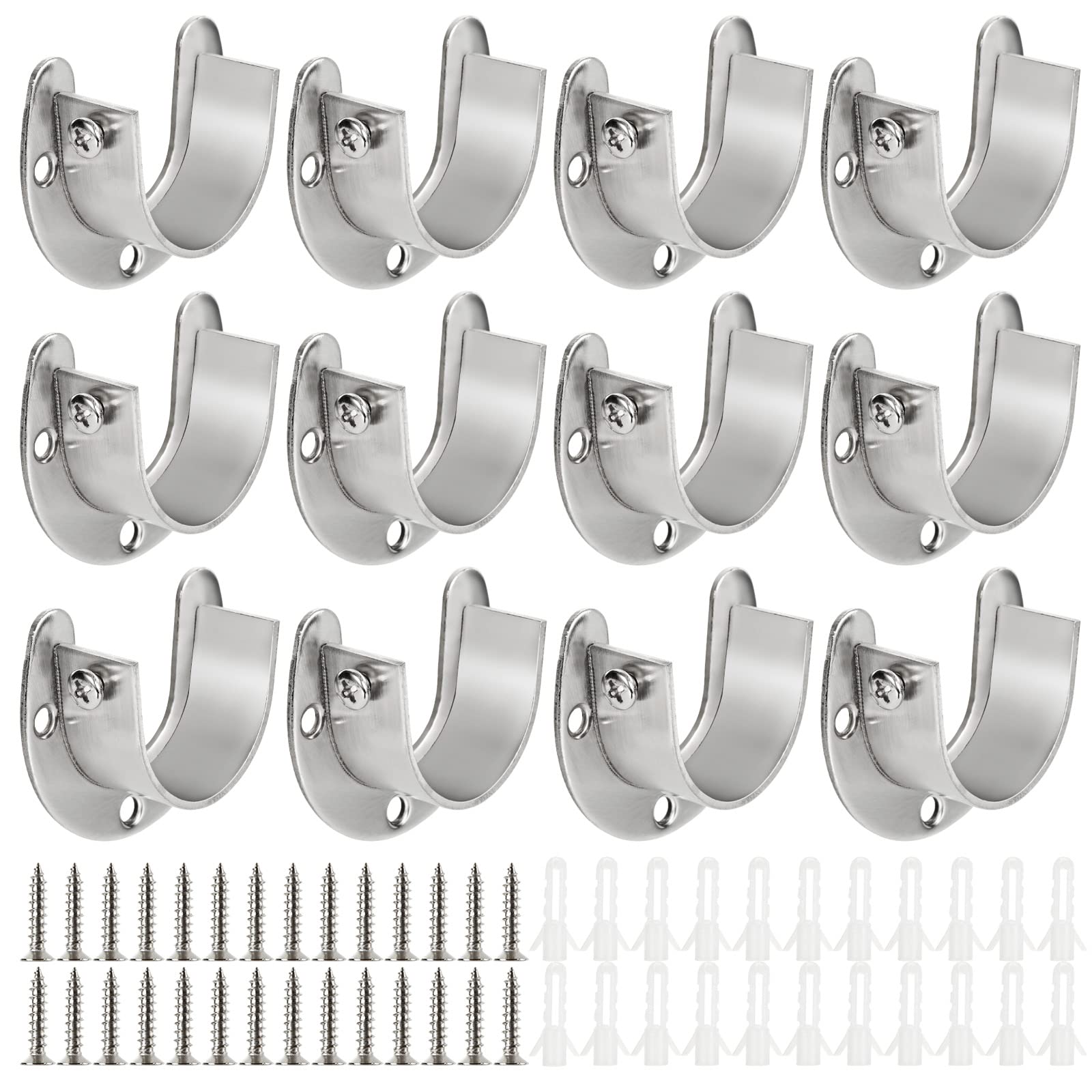 12 PCS Stainless Steel Closet Rod Brackets, 1-1/4 Inch Dia Heavy Duty Socket Flange Rod Holder, Shower Curtain Rod Pole End Supports, Open Type Wardrobe Bracket Holder with Screws U-Shaped, Silver