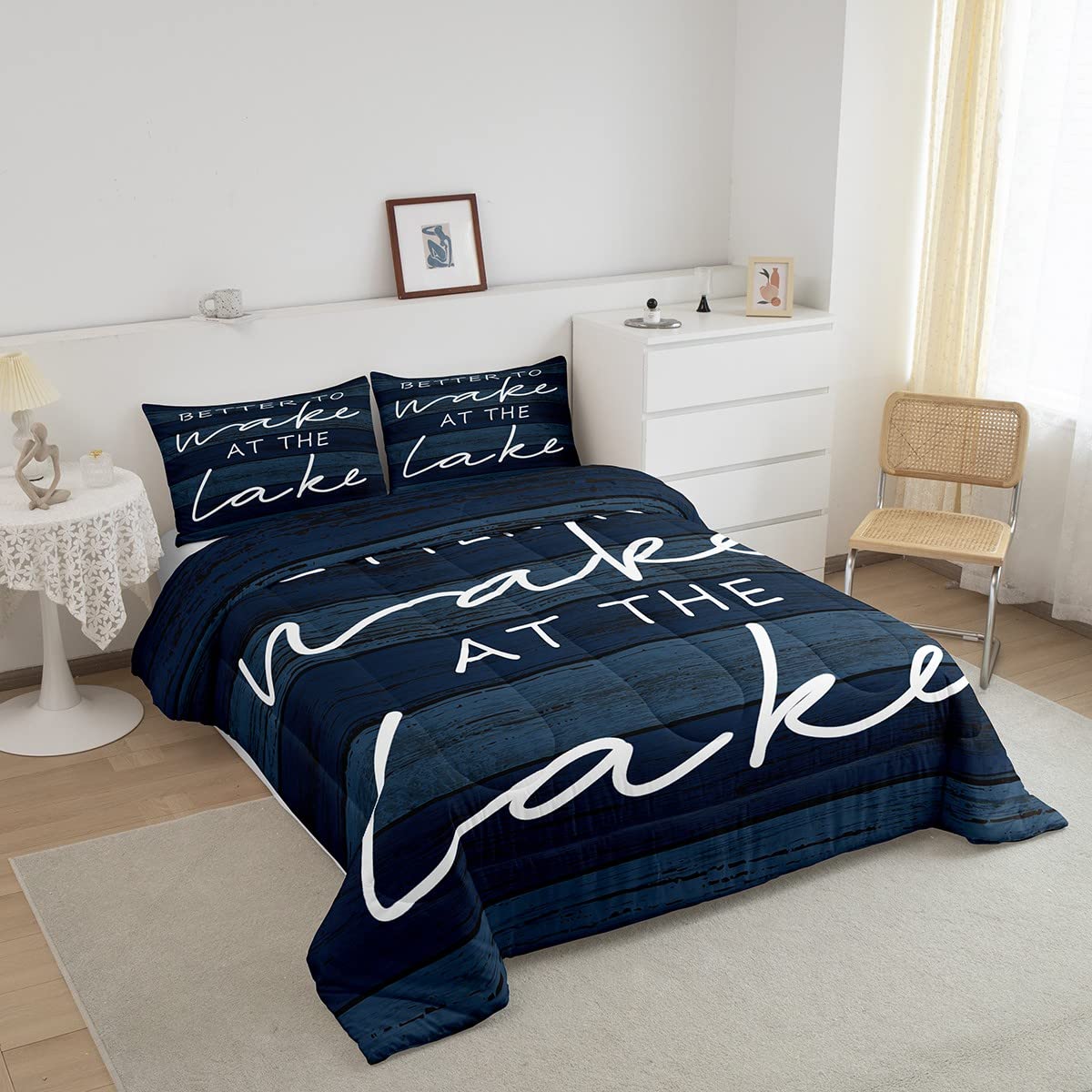 Lake Word Art Bedding Set Rustic Farmhouse Comforter Set for Kids Boys Girls Lake House Wooden Navy Blue Design Comforter Nautical Lake Quilt Room 3Pcs Full Size Boys