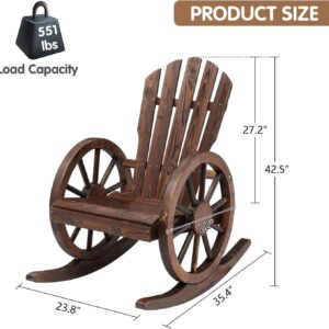 Kinsuite 2 PCS Fir Wooden Rocking Chair Set with Wheel Armrest, Outdoor Wagon Rocking Chairs for Garden, Lawn, Yard, Rustic Brown