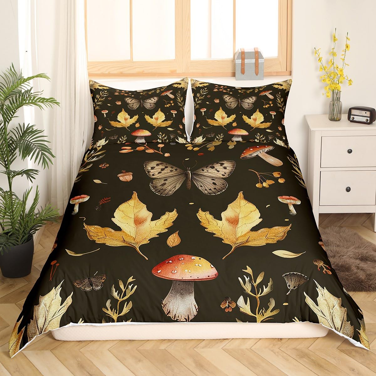 Castle Fairy Fall Theme Duvet Cover Queen Size Mushroom Butterfly Maple Leaves Bedding Comforter Cover 3 Pieces with 2 Pillowcases Botanical Garden Plants Herbs Bedding Set for Men Women Room,Black