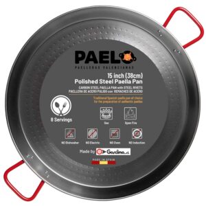 PAELO Polished Steel Paella Pan, 15 inch (38cm) Carbon Steel Pan, Large Professional Grade Paellera Imported From Spain for 8 Servings of Paella Rice, Made by Garcima