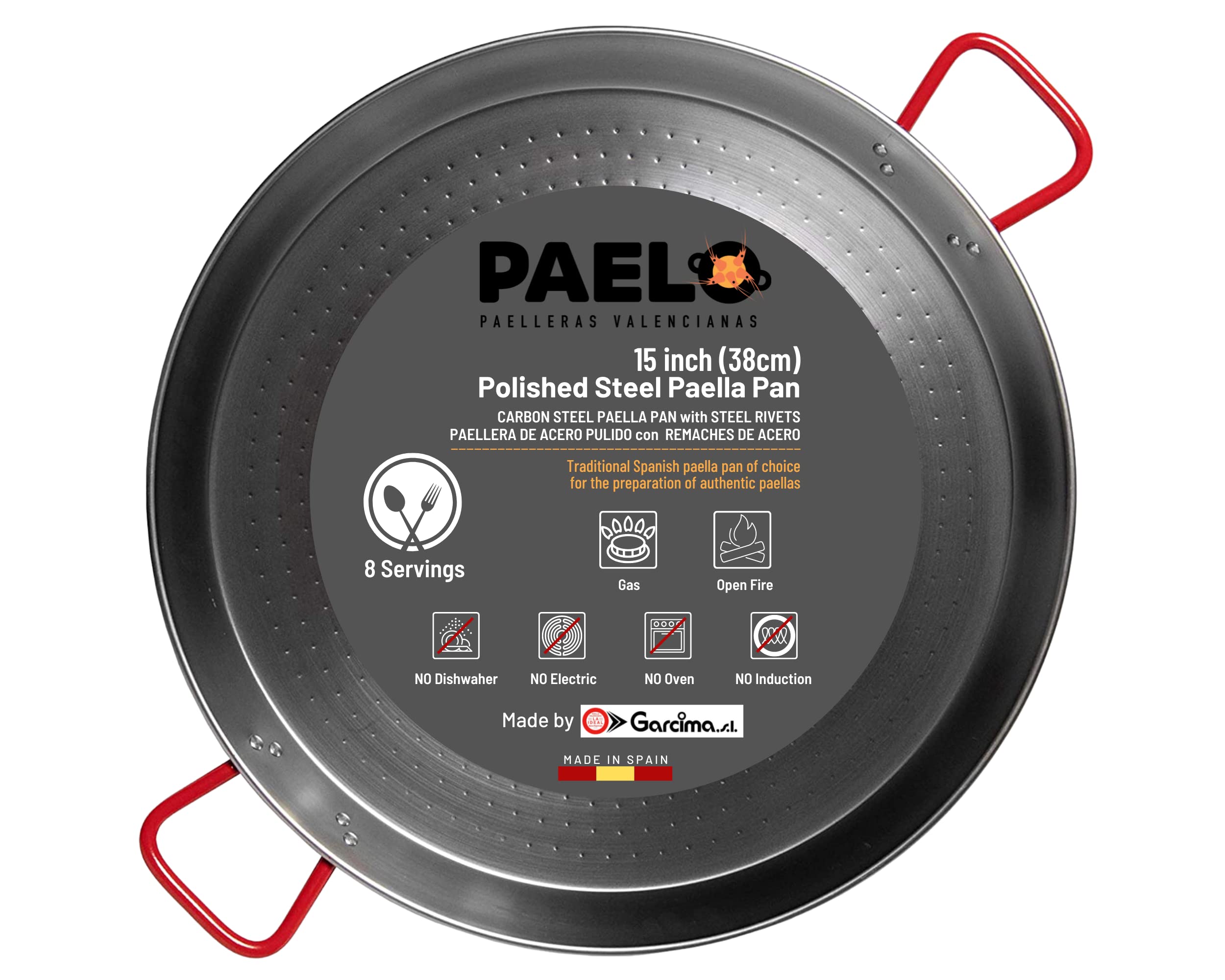 PAELO Polished Steel Paella Pan, 15 inch (38cm) Carbon Steel Pan, Large Professional Grade Paellera Imported From Spain for 8 Servings of Paella Rice, Made by Garcima