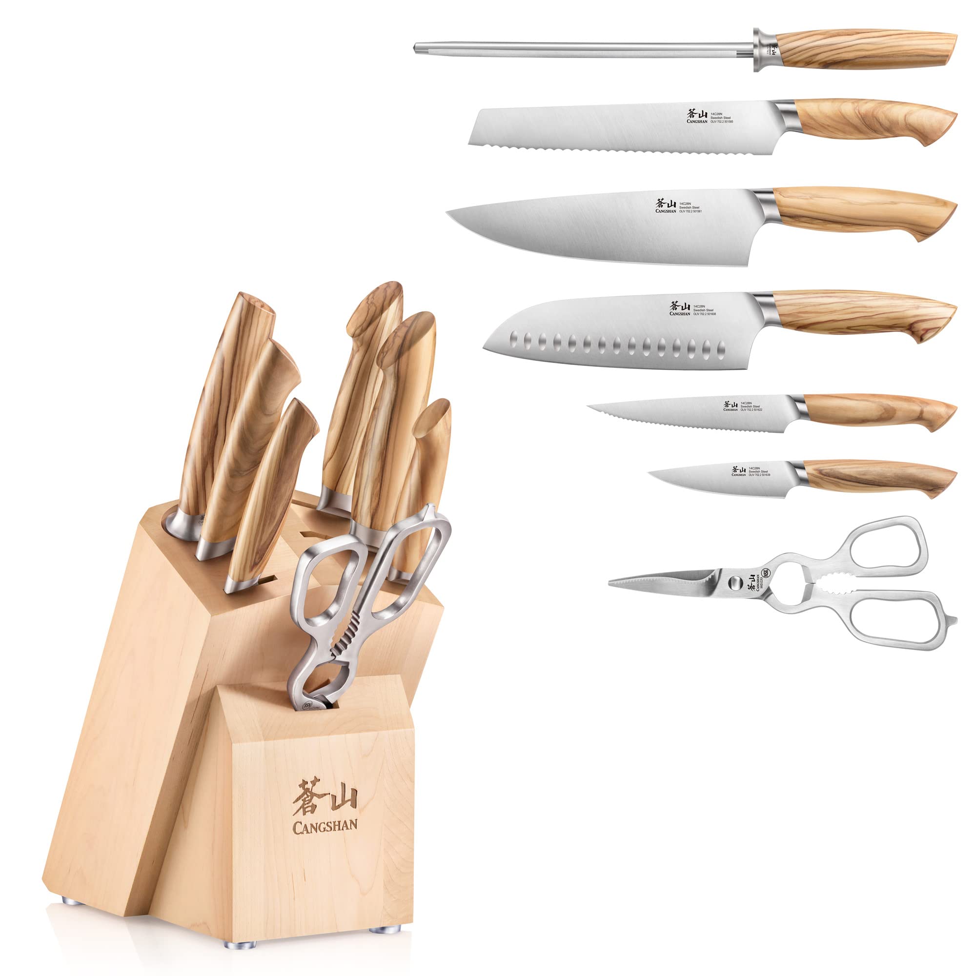 Cangshan OLIV Series 8-Piece Knife Block Set, Forged Swedish 14C28N Steel, Maple Block, 501684