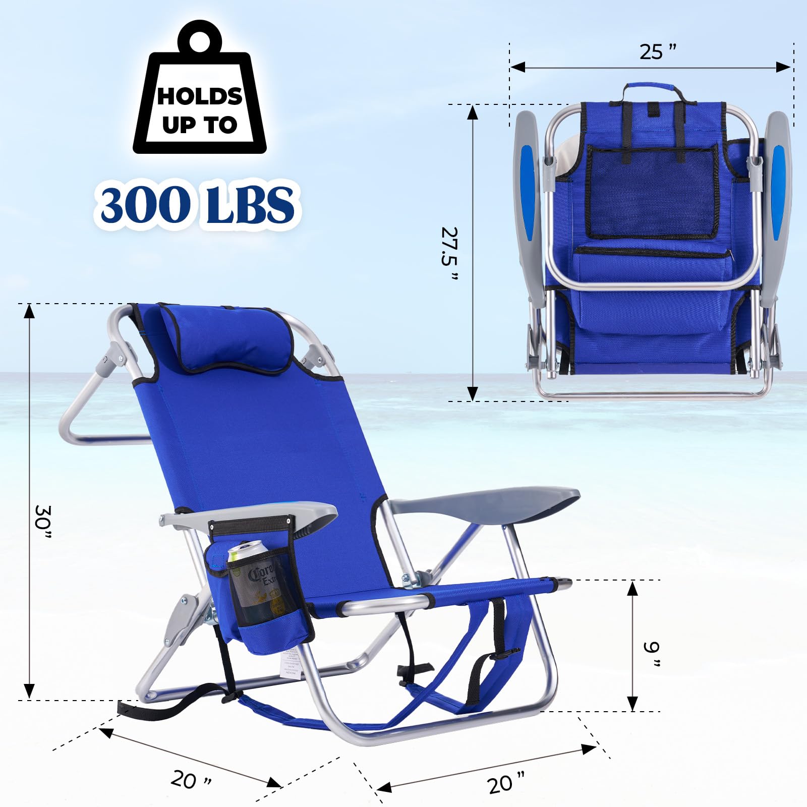 Canpsky Portable Beach Chair for Adults, Outdoor Lightweight Camping Chair Lay Flat Folding Backpack Beach Reclining Chair with 4 Positions, Headrest, Cooler Pouch, Cup Holder, New Striped