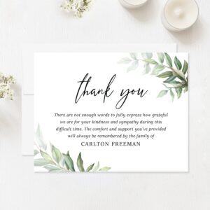 Hello Love Goods Personalized Greenery Funeral Thank You Cards with Envelopes, 5.5x4.25 Flat Sympathy Memorial Cards