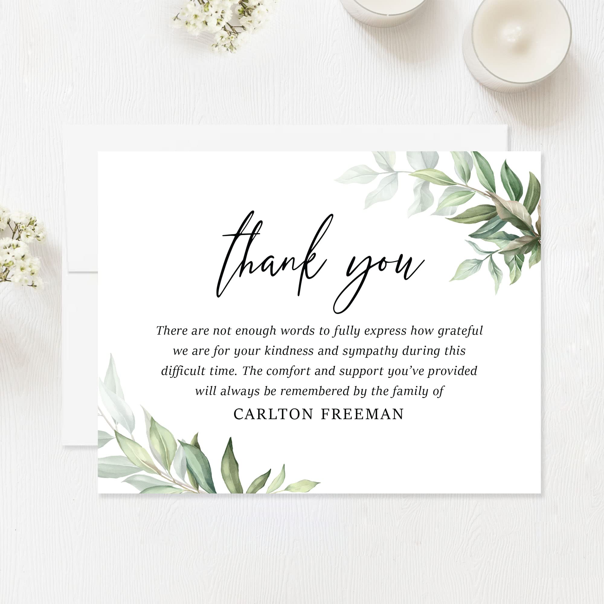 Hello Love Goods Personalized Greenery Funeral Thank You Cards with Envelopes, 5.5x4.25 Flat Sympathy Memorial Cards