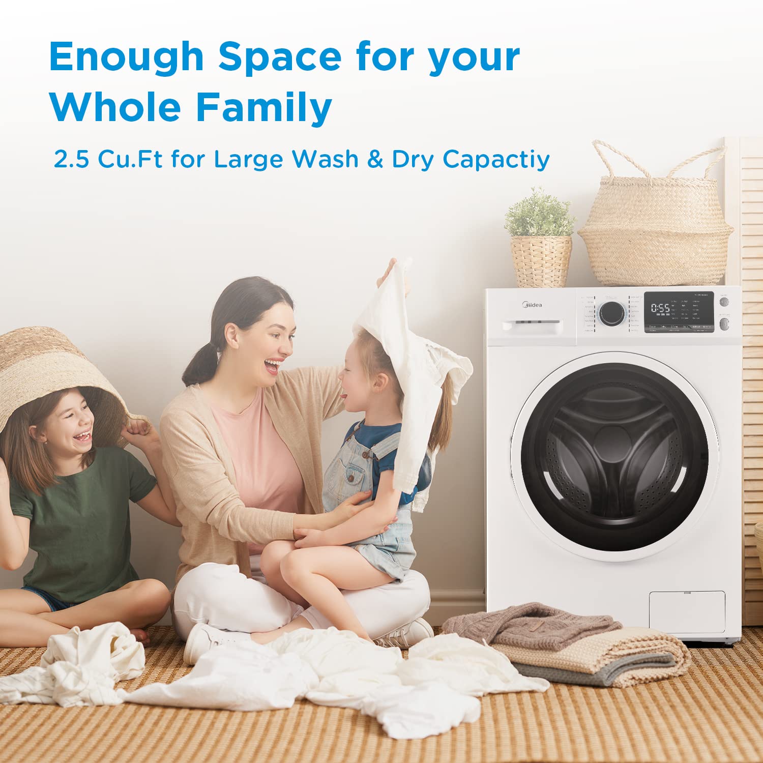 Midea MLH25N7BWW Compact Front-Load Machine, 24" Energy & Space-Saving Washer, Steam Care and Cold Wash Stackable Laundry, for Family Daily use, 2.5 Cu.ft, White