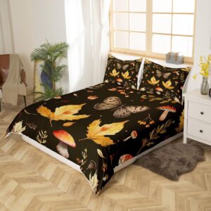 Castle Fairy Fall Theme Duvet Cover Queen Size Mushroom Butterfly Maple Leaves Bedding Comforter Cover 3 Pieces with 2 Pillowcases Botanical Garden Plants Herbs Bedding Set for Men Women Room,Black