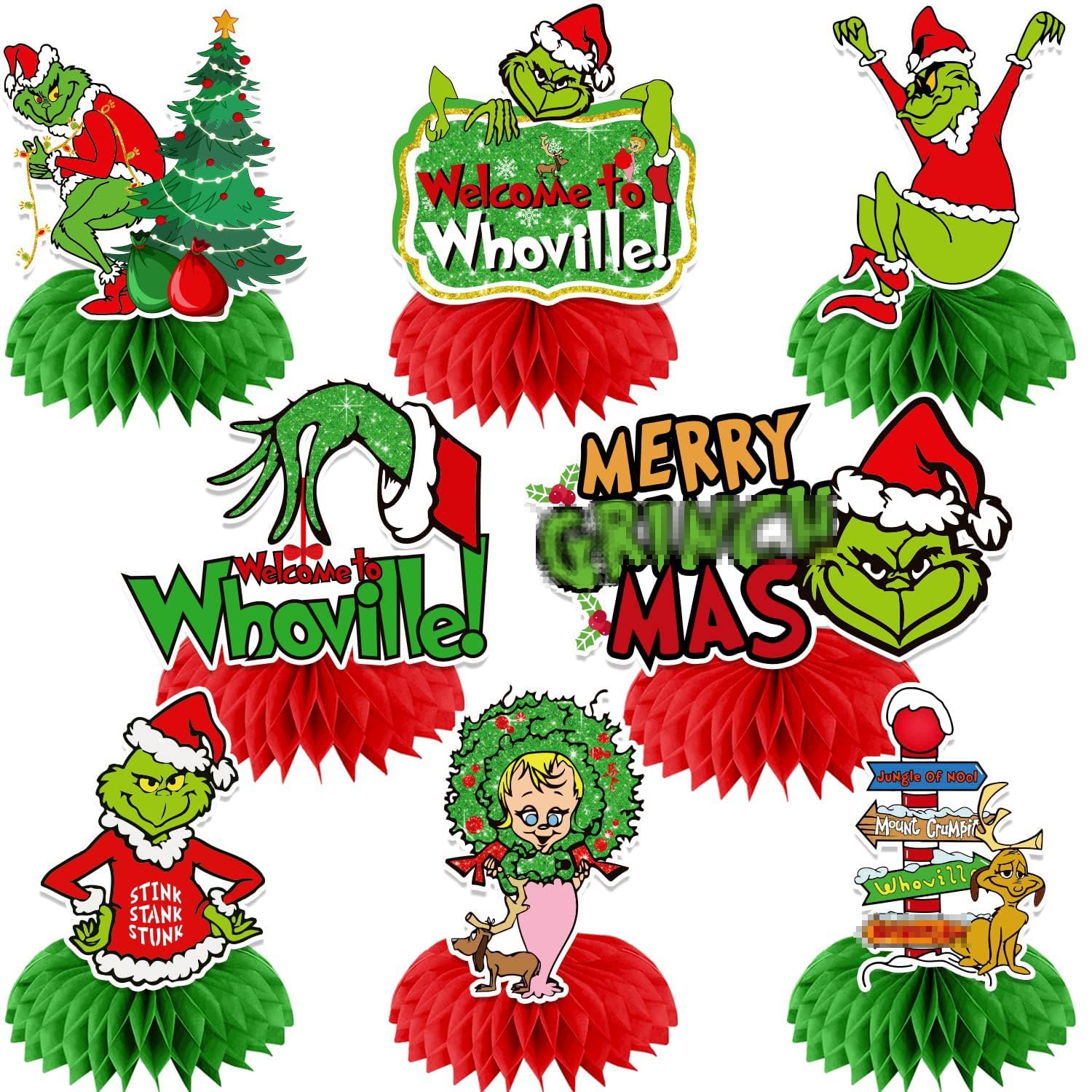 Whoville Christmas Decorations, 8pcs Welcome to Whoville Honeycomb Centerpieces Whoville Decorations for Table Merry Christmas Table Decorations Xmas Party Decorations