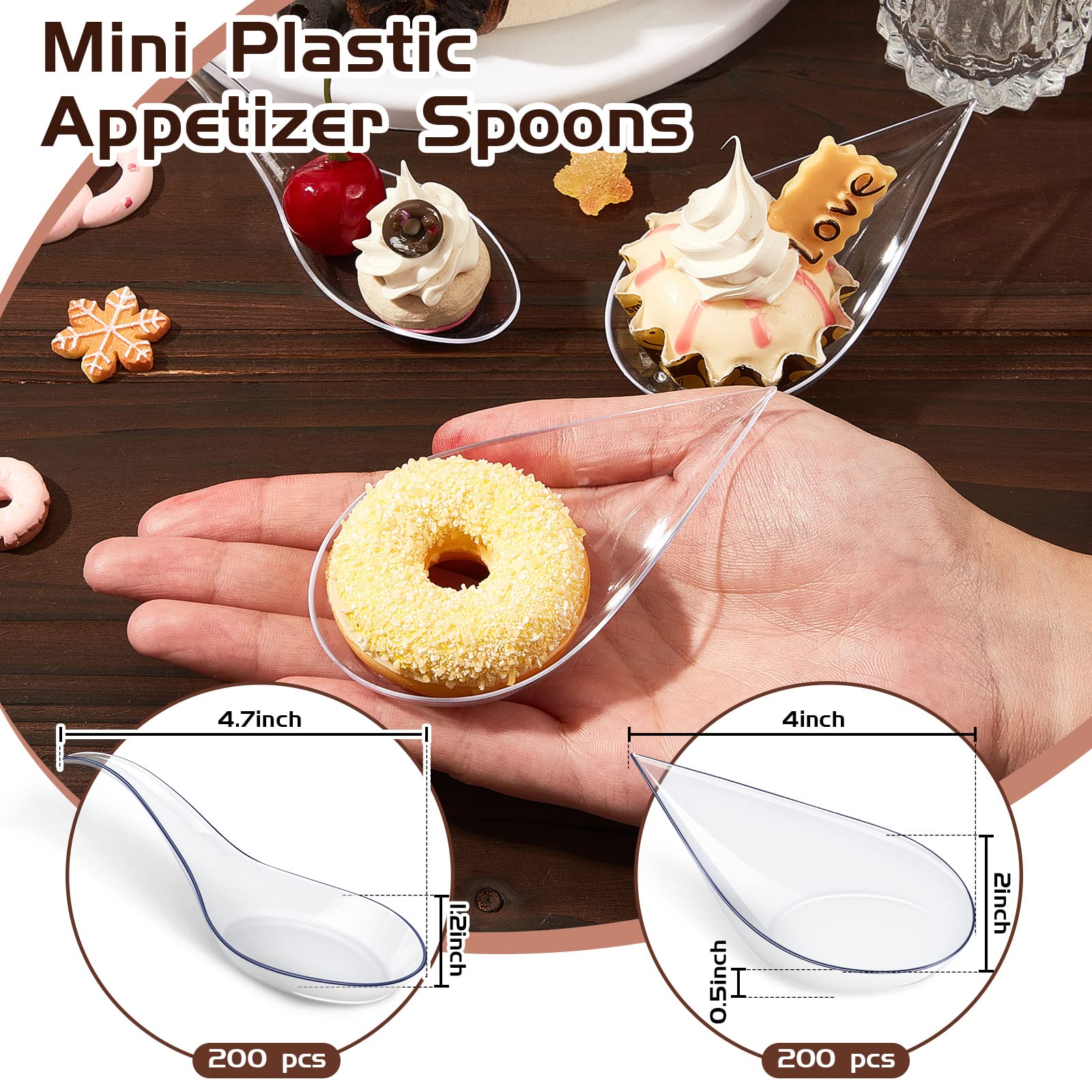 Tessco 400 Pcs 4'' Mini Plastic Appetizer Spoons Plates Disposable Dessert Spoons Tear Drop Tasting Spoons Plastic Asian Soup Spoons for Dessert Sauces Sushi Ice Cream Food Parties, 2 Styles(Clear)