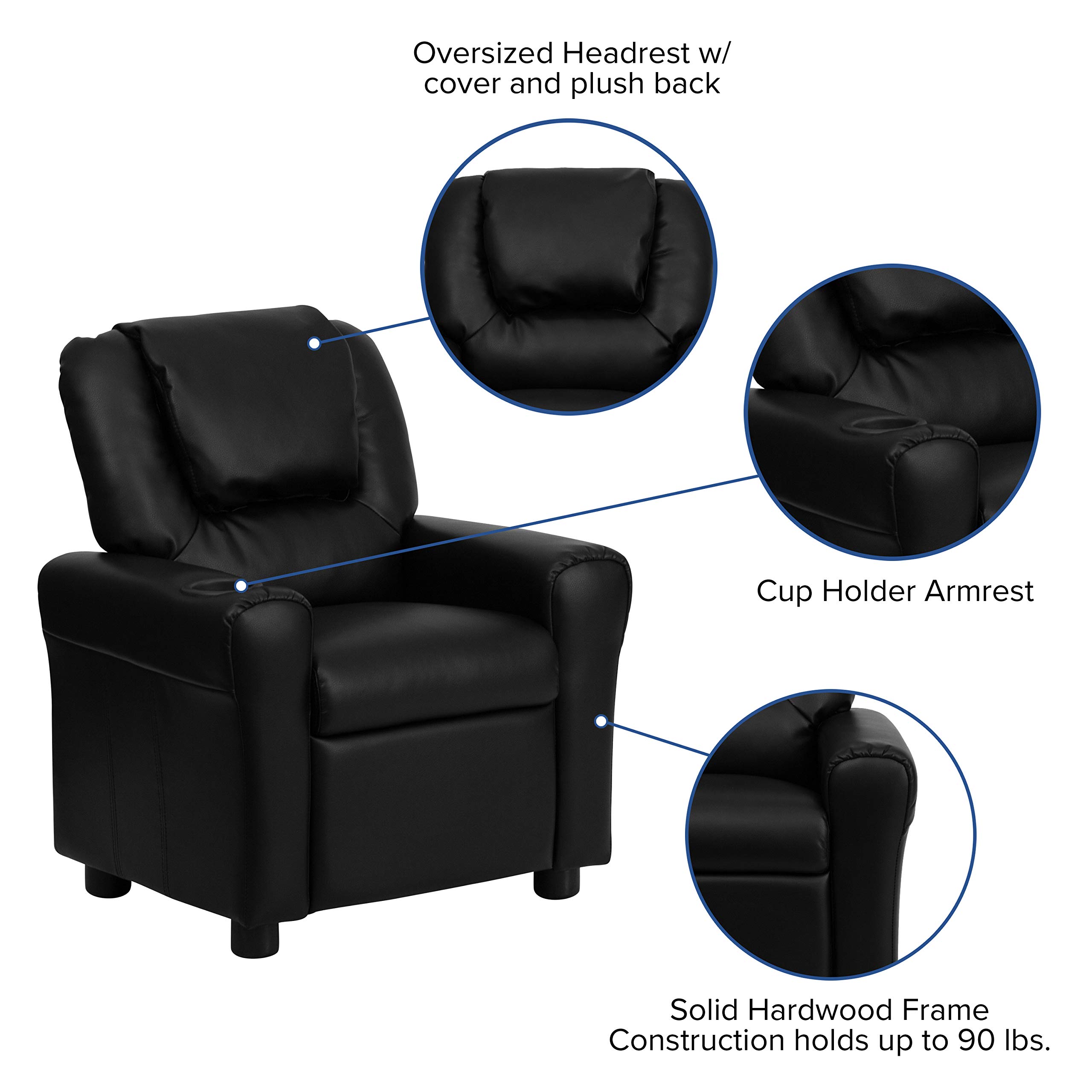 HBCY Creations Kid's Recliner - Black Faux Leather Upholstery - Integrated Cupholder - Padded Headrest - Safety Recline Feature