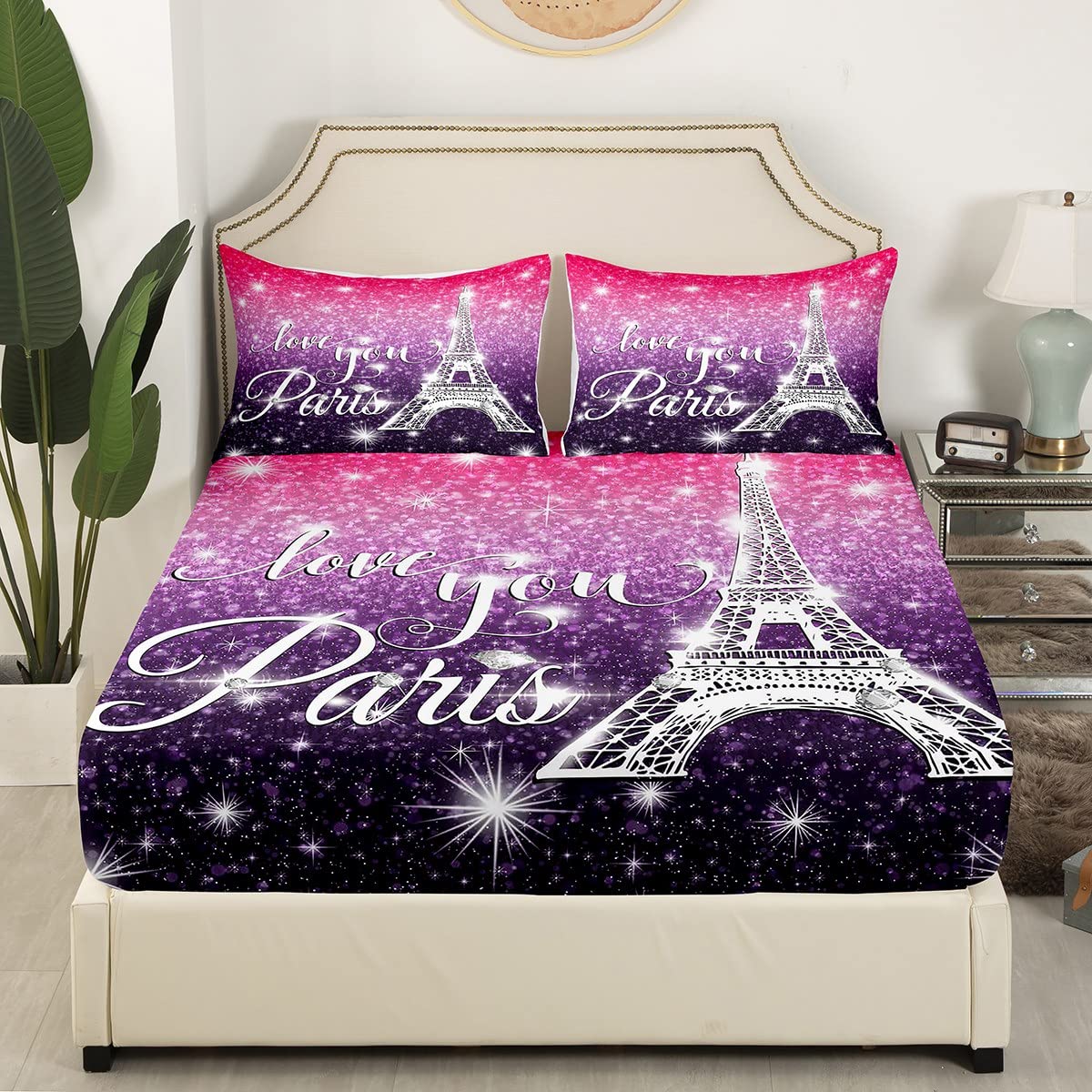 Paris Fitted Sheet Queen Size Kids Eiffel Tower Bed Sheet Sparkle Starry Sky Galaxy Sheet Sets For Boys Girls Teens Bedroom Decor, Romantic French Theme Flat Sheet 4Pcs With 2 Pillow Cases, Purple