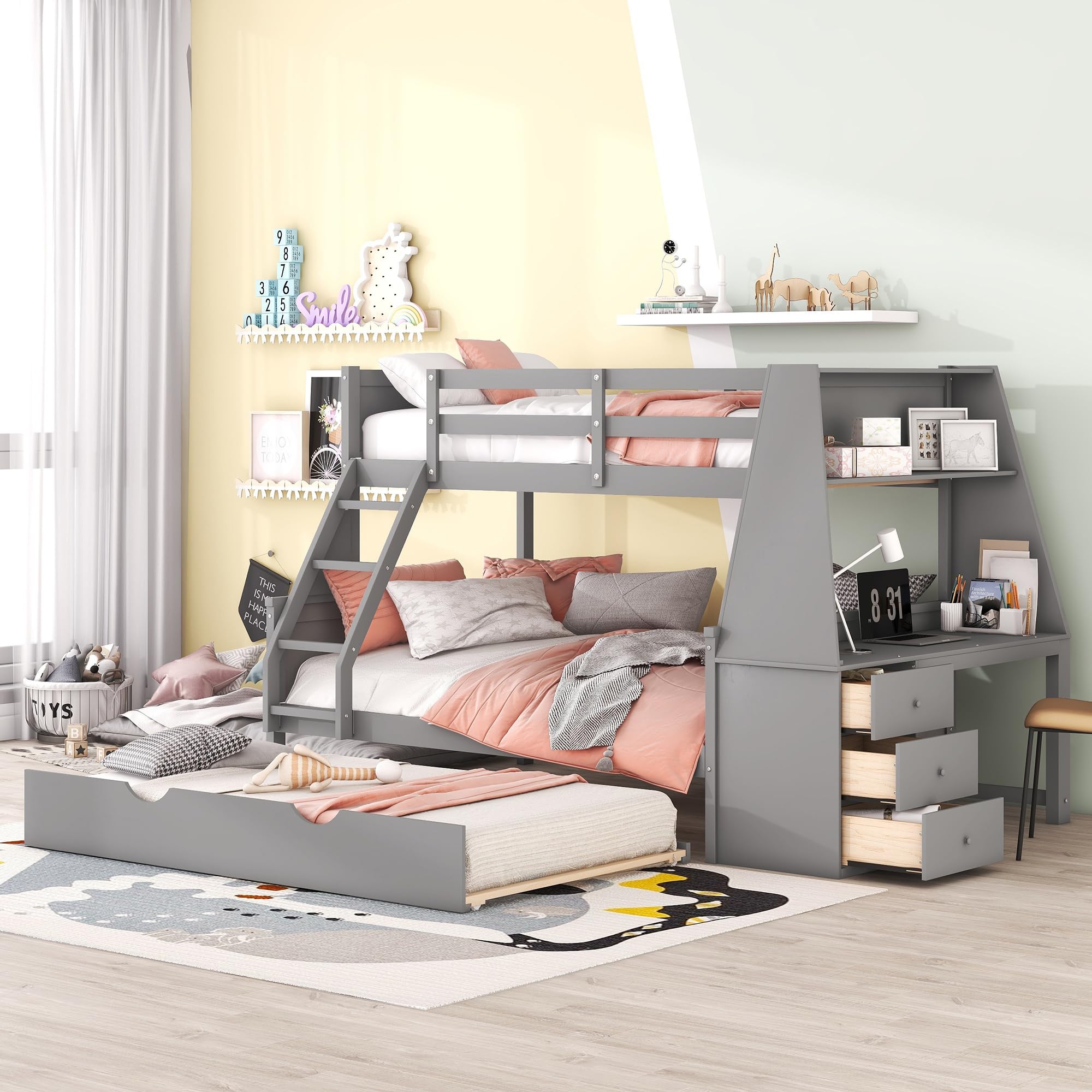 Twin Over Full Bunk Beds with Trundle and Desk Wood Bunk Bed Frame with Three Storage Drawers and One Shelf for Kids Boys Girls Teens, Gray