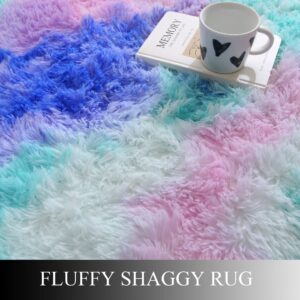 FGCOGOD Ultra Soft Shaggy Rug for Bedroom, 4 x 6 Feet Modern Tie Dye Area Rug, Purple Blue Fluffy Carpet for Living Room, Kids Girls Room, Bedside, Home Office, Nursery Indoor Decor