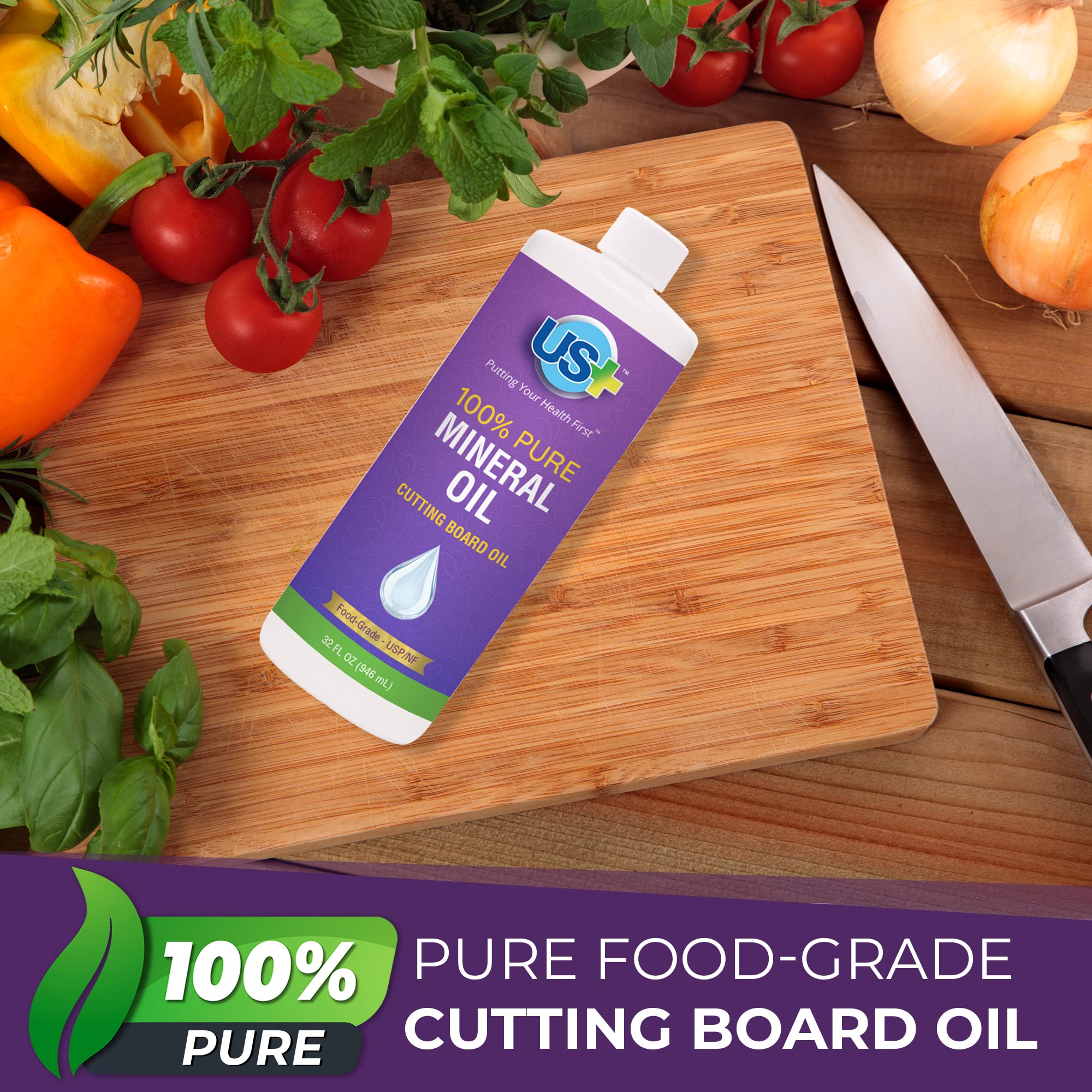 US+ 32oz 100% Pure Mineral Oil - Cutting Board Oil - Food-Grade - USP - Restores & Protects Cutting Boards, Butcher Blocks, Countertops, Steel Surfaces & More