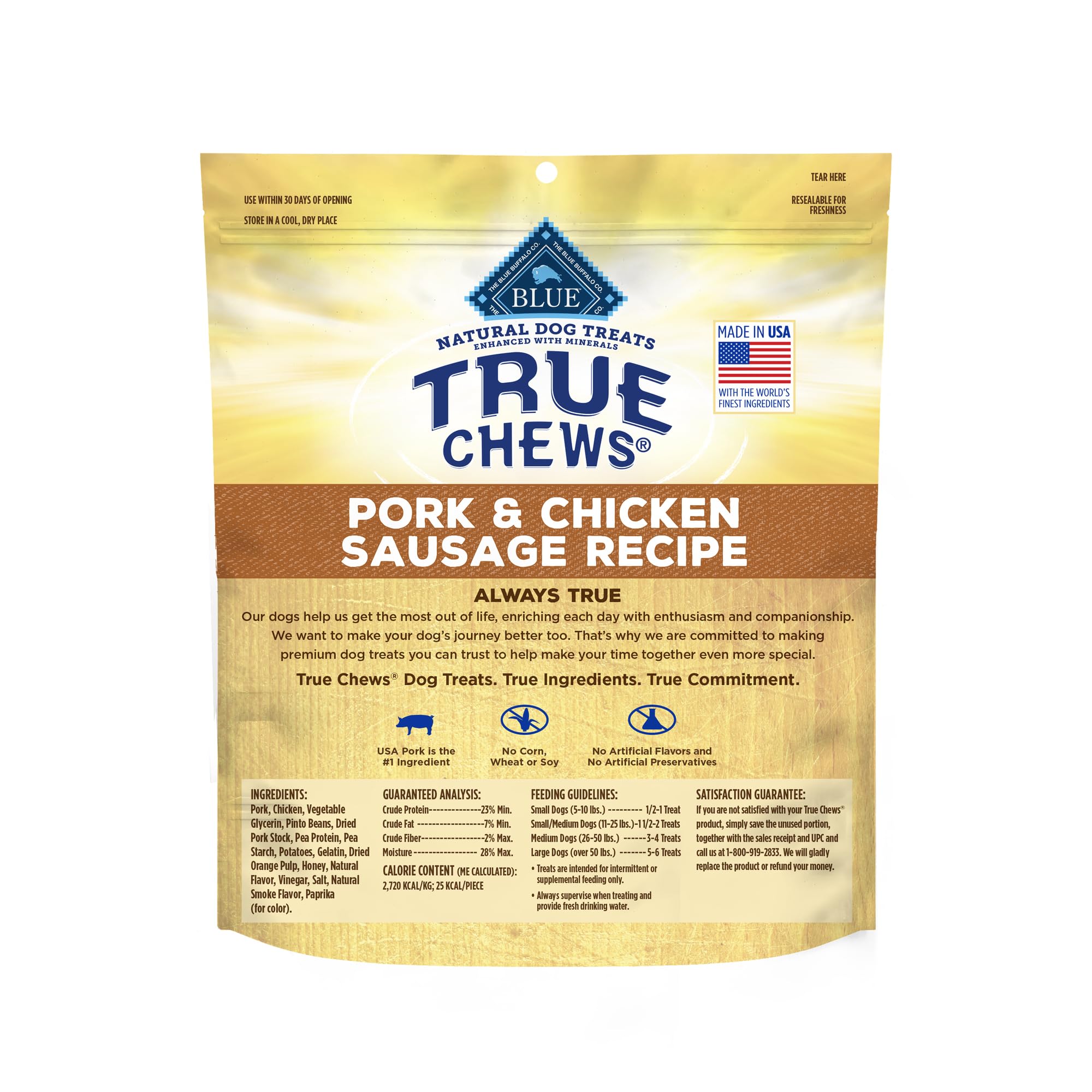 Blue Buffalo True Chews Dog Treats, Made in the USA with Natural Ingredients, Pork and Chicken Sausage Recipe, 14-oz Bag