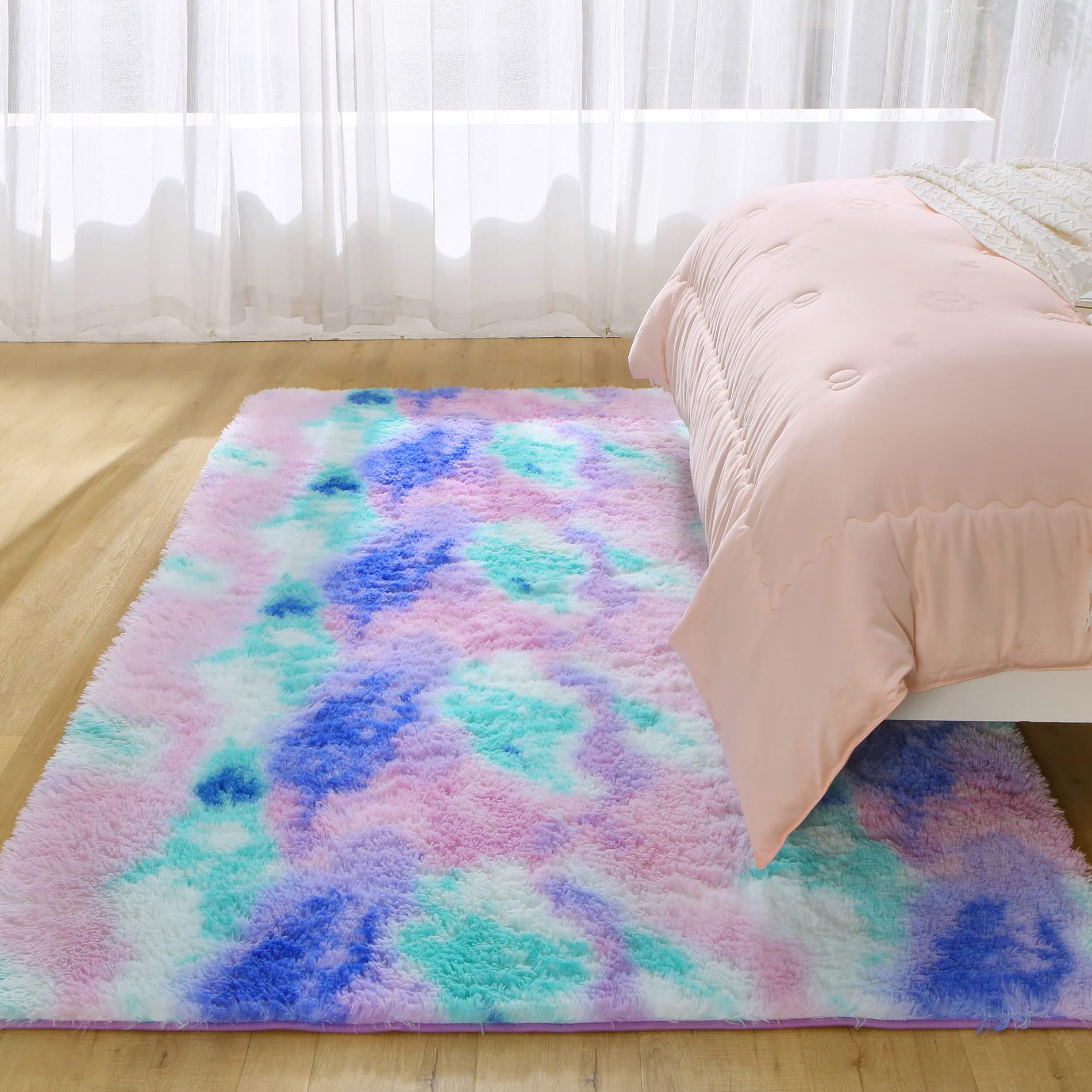 FGCOGOD Ultra Soft Shaggy Rug for Bedroom, 4 x 6 Feet Modern Tie Dye Area Rug, Purple Blue Fluffy Carpet for Living Room, Kids Girls Room, Bedside, Home Office, Nursery Indoor Decor