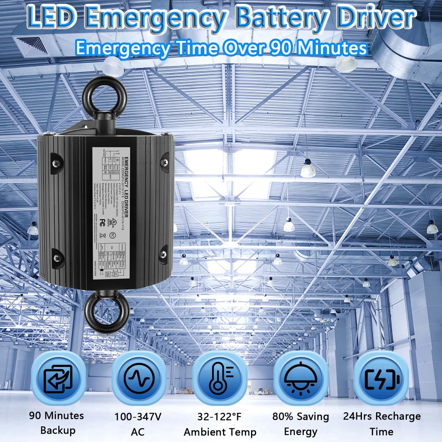 40W LED Emergency Driver for UFO LED High Bay Light, 0-10V Dimmable LED Emergency Backup Battery, Emergency Time 90 Minutes, Input AC 100-347V Output DC 170V, UL Certified 5 Year Warranty (8 Pack)