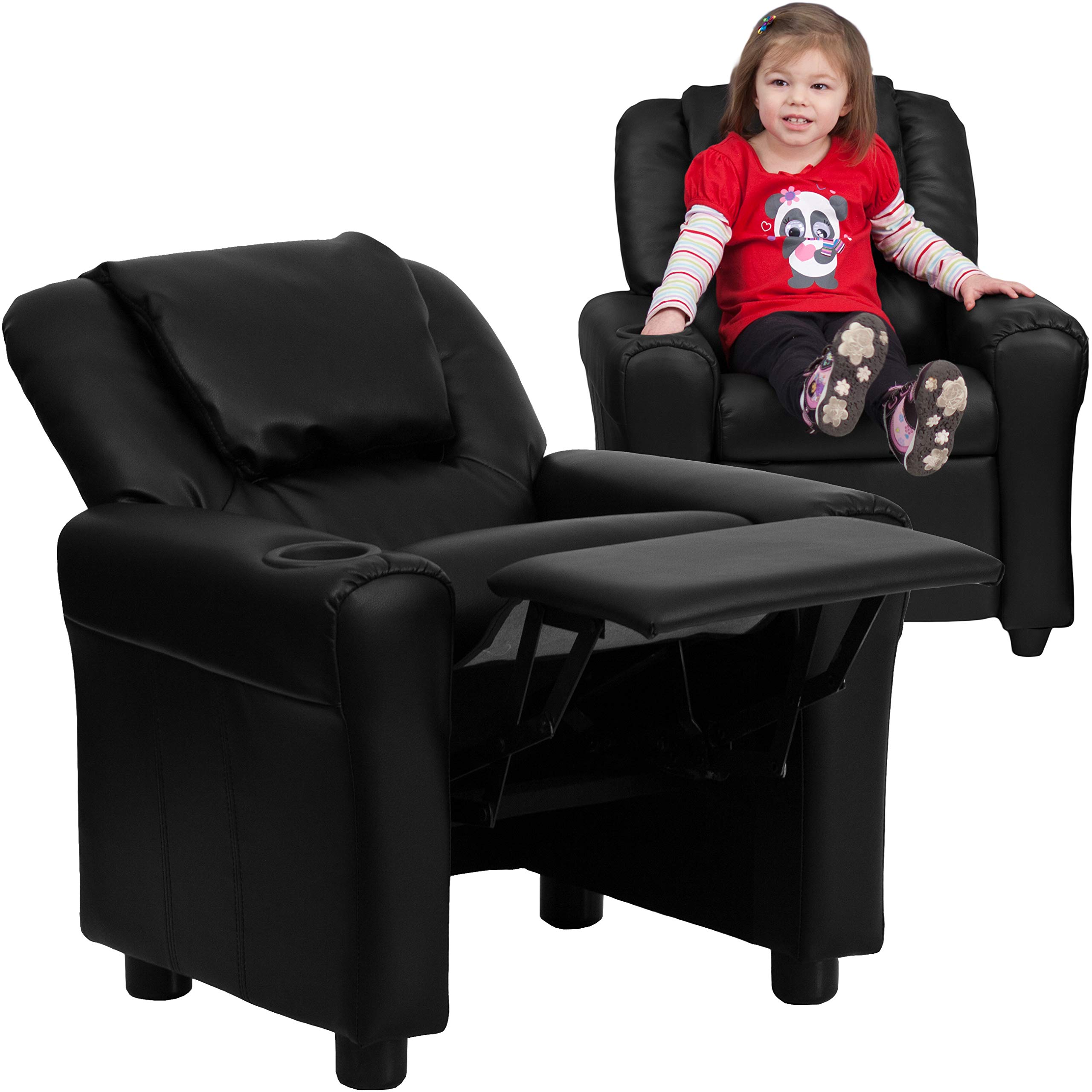 HBCY Creations Kid's Recliner - Black Faux Leather Upholstery - Integrated Cupholder - Padded Headrest - Safety Recline Feature