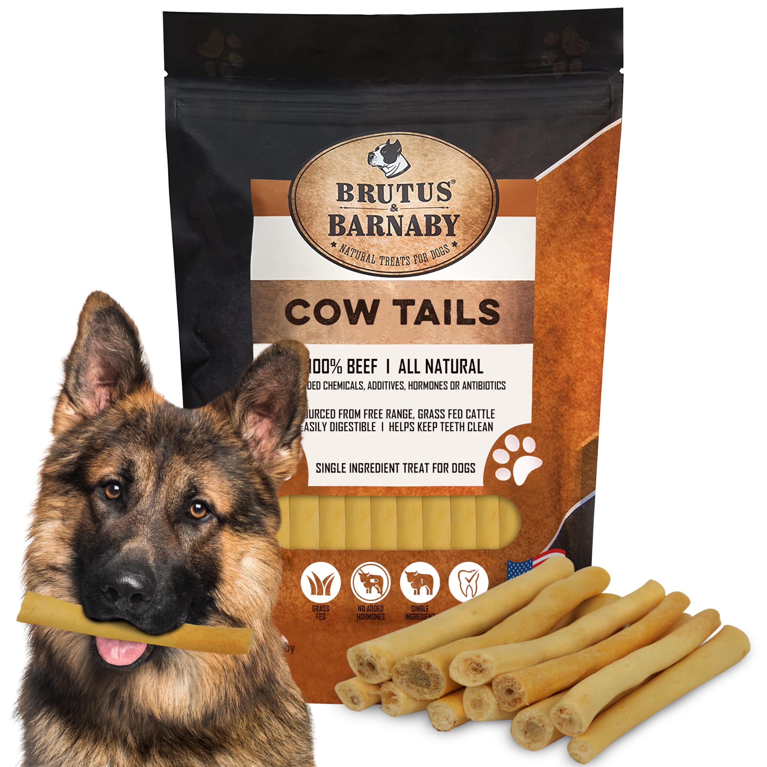 BRUTUS & BARNABY 100% Natural Cow Tails Dog Treat - Our Healthy Cow Tails for Dogs are Easy to Digest, Chemical & Hormone Free - Thick & Hearty Chew, Great Rawhide Alternative for Small Or Large Dogs