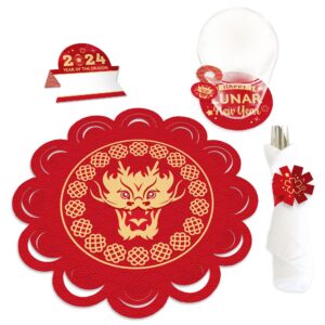 big dot of happiness lunar new year - 2024 year of the dragon paper charger and table decorations - chargerific kit - place setting for 8