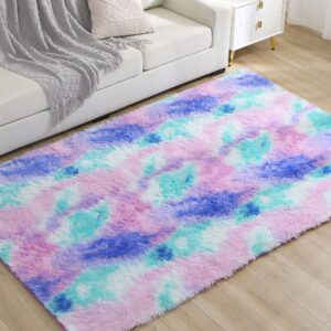 FGCOGOD Ultra Soft Shaggy Rug for Bedroom, 4 x 6 Feet Modern Tie Dye Area Rug, Purple Blue Fluffy Carpet for Living Room, Kids Girls Room, Bedside, Home Office, Nursery Indoor Decor