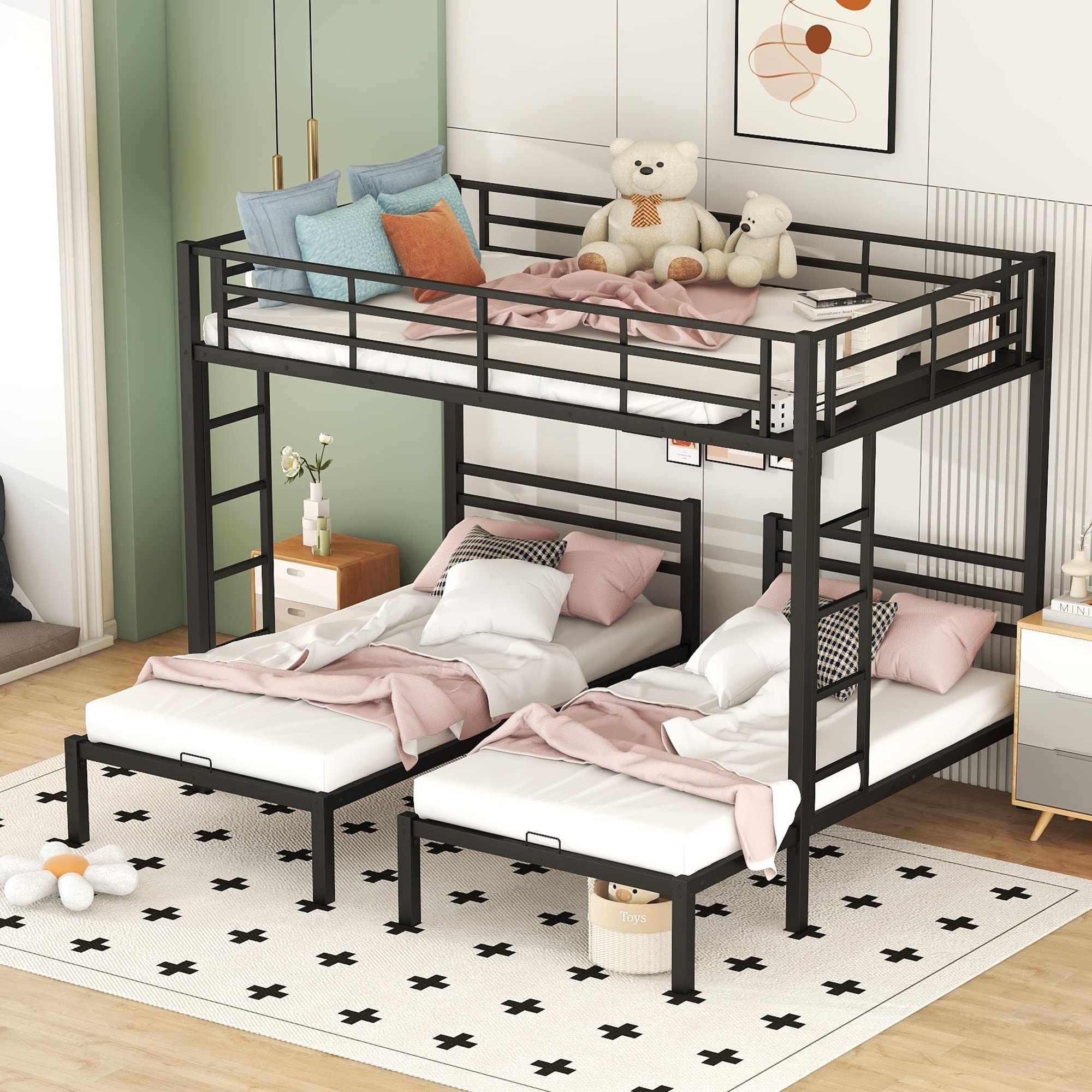 Bellemave Triple Bunk Beds Full Over Two Twin Bed Metal L-Shape3 Frame with Storage Shelf for Three Kids Boys Girls, Black