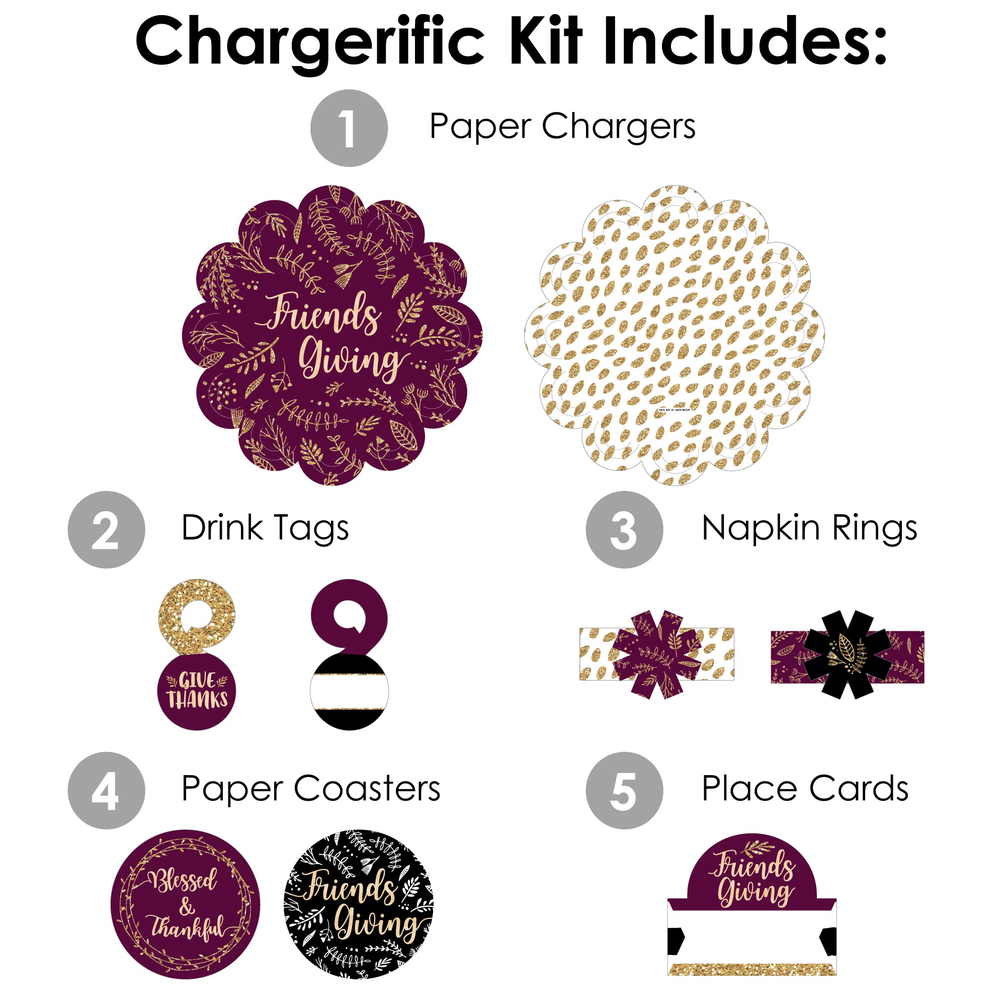 Big Dot of Happiness Elegant Thankful for Friends - Friendsgiving Thanksgiving Party Paper Charger and Table Decorations - Chargerific Kit - Place Setting for 8