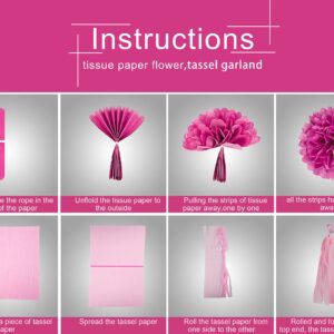 Hot Pink White Party Decorations - 23pcs Tissue Paper Flower Pom Poms Tassel Garland Pennant Banner Flags Streamers Women Girl Birthday Baby Bridal Shower Engagement Bachelorette Wedding Hanging Decor