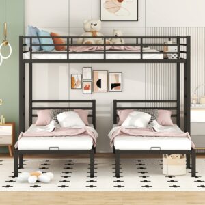 Bellemave Triple Bunk Beds Full Over Two Twin Bed Metal L-Shape3 Frame with Storage Shelf for Three Kids Boys Girls, Black