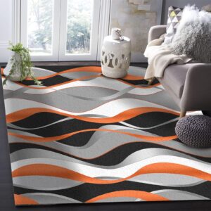 Abstract Orange Gray Modern Wavy Line Area Rug, Gradient Grey Geometry Black Stripes Home Decor Rug, Easy Clean Carpet for Living Room Bedroom Kitchen Dining Room Home Office Floor Rug 3ftx2ft