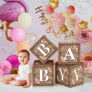 Floral Baby Shower Box Birthday Party Decoration Balloon Blocks First Birthday Centerpiece Decor for Girls Wood Grain Base Gender Reveal Party Supplies (Floral-Box-01)…