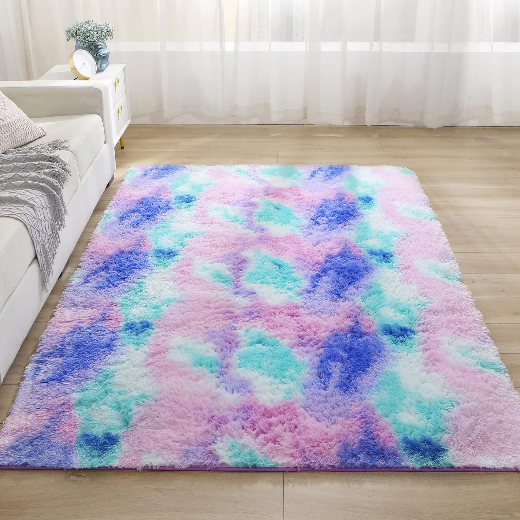 FGCOGOD Ultra Soft Shaggy Rug for Bedroom, 4 x 6 Feet Modern Tie Dye Area Rug, Purple Blue Fluffy Carpet for Living Room, Kids Girls Room, Bedside, Home Office, Nursery Indoor Decor