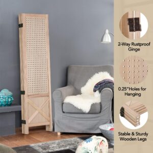 Wnutrees 4 Panel Pegboard Display, 5 Ft Wood Folding Privacy Screens Room Divider, Portable Freestanding Display Board for Craft/Art Shows, Retail, Events, Wall Organizer, Rustic Barnwood, Natural