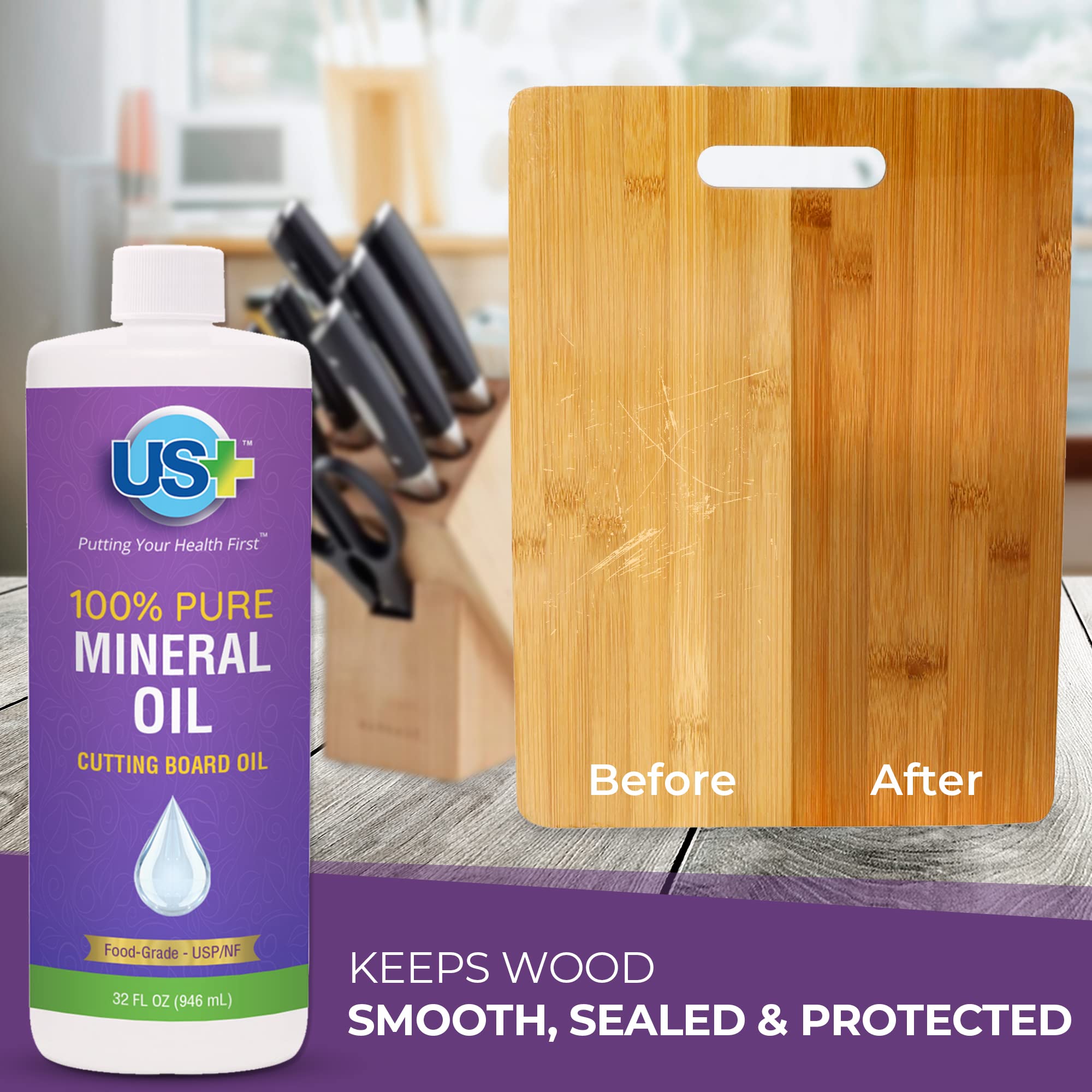 US+ 32oz 100% Pure Mineral Oil - Cutting Board Oil - Food-Grade - USP - Restores & Protects Cutting Boards, Butcher Blocks, Countertops, Steel Surfaces & More