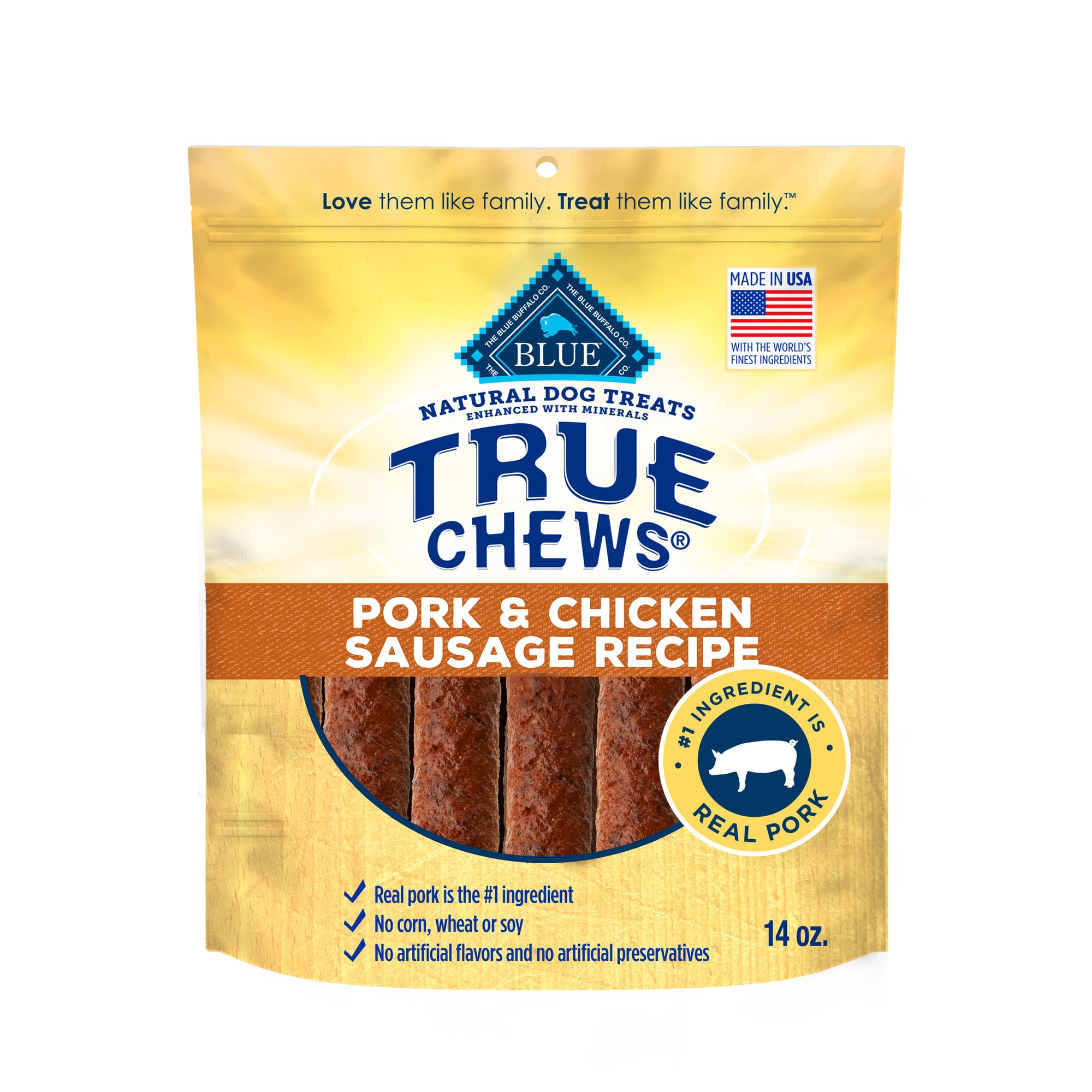 Blue Buffalo True Chews Dog Treats, Made in the USA with Natural Ingredients, Pork and Chicken Sausage Recipe, 14-oz Bag