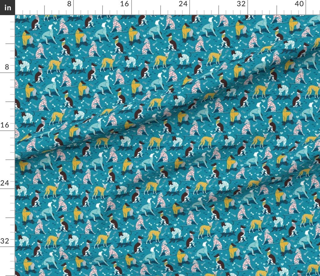 Spoonflower Fabric - Small Scale Greyhounds Turquoise Greyhound Dogs Breeds Hound Printed on Petal Signature Cotton Fabric by The Yard - Sewing Quilting Apparel Crafts Decor