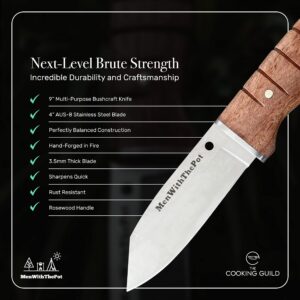 The Cooking Guild x MenWithThePot Bushcraft Knife - 4 Inches - Stainless Steel Blade Paring Knife - Rosewood Handle - Carving, Peeling, Meat Cutting Knife Cooking