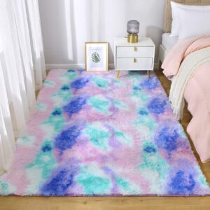 FGCOGOD Ultra Soft Shaggy Rug for Bedroom, 4 x 6 Feet Modern Tie Dye Area Rug, Purple Blue Fluffy Carpet for Living Room, Kids Girls Room, Bedside, Home Office, Nursery Indoor Decor