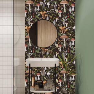 HAOKHOME Peel and Stick Wallpaper Boho Mushroom Removable Stick on Forest Contact Paper for Bathroom Black/Brown/Green 17.7in x 9.8ft