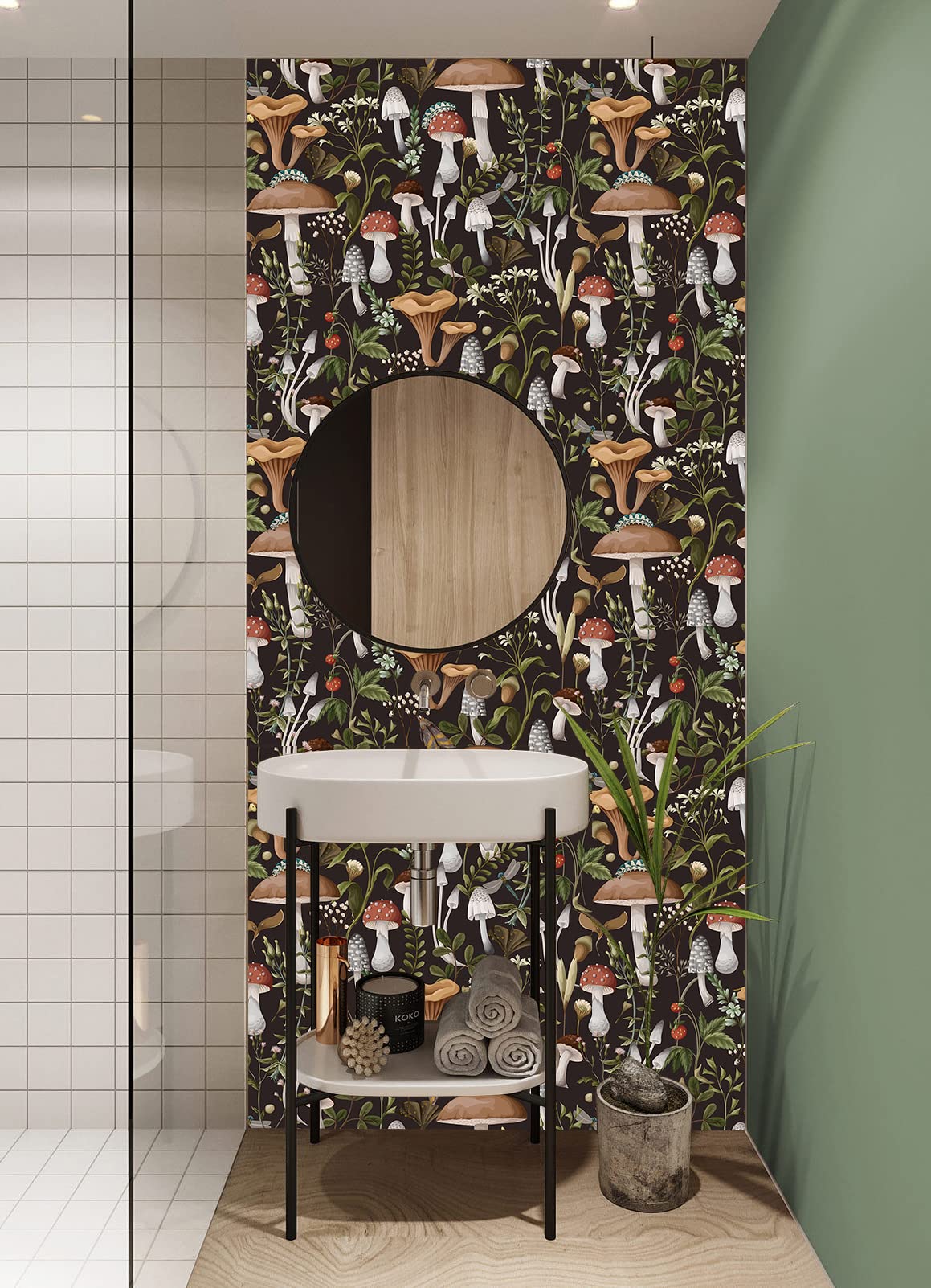 HAOKHOME Peel and Stick Wallpaper Boho Mushroom Removable Stick on Forest Contact Paper for Bathroom Black/Brown/Green 17.7in x 9.8ft