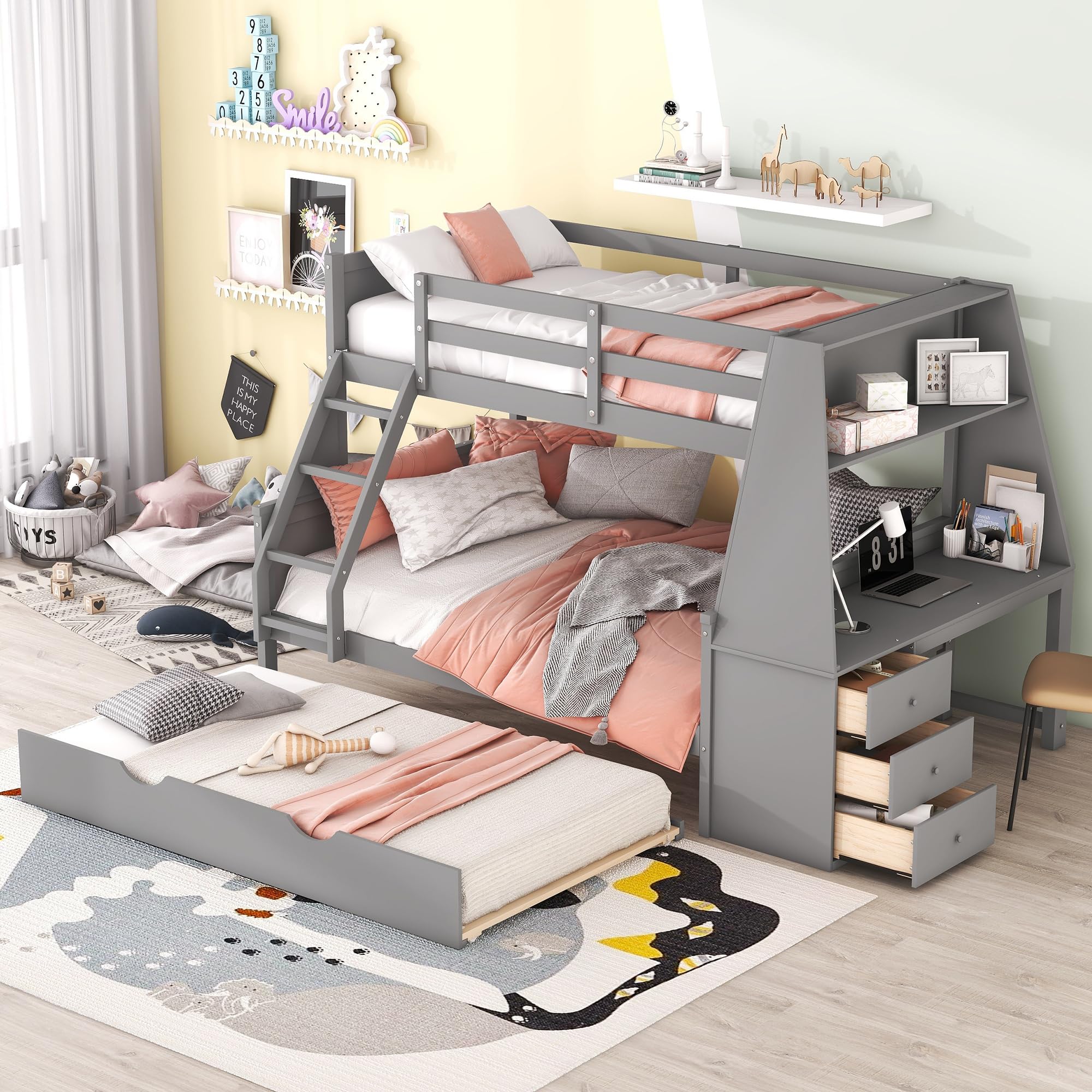 Twin Over Full Bunk Beds with Trundle and Desk Wood Bunk Bed Frame with Three Storage Drawers and One Shelf for Kids Boys Girls Teens, Gray