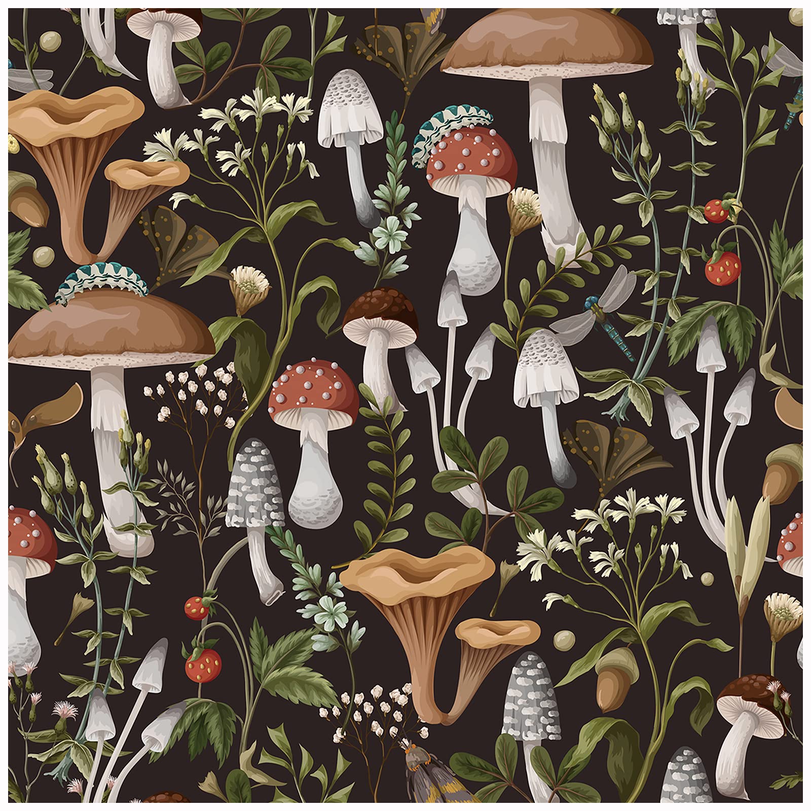 HAOKHOME Peel and Stick Wallpaper Boho Mushroom Removable Stick on Forest Contact Paper for Bathroom Black/Brown/Green 17.7in x 9.8ft