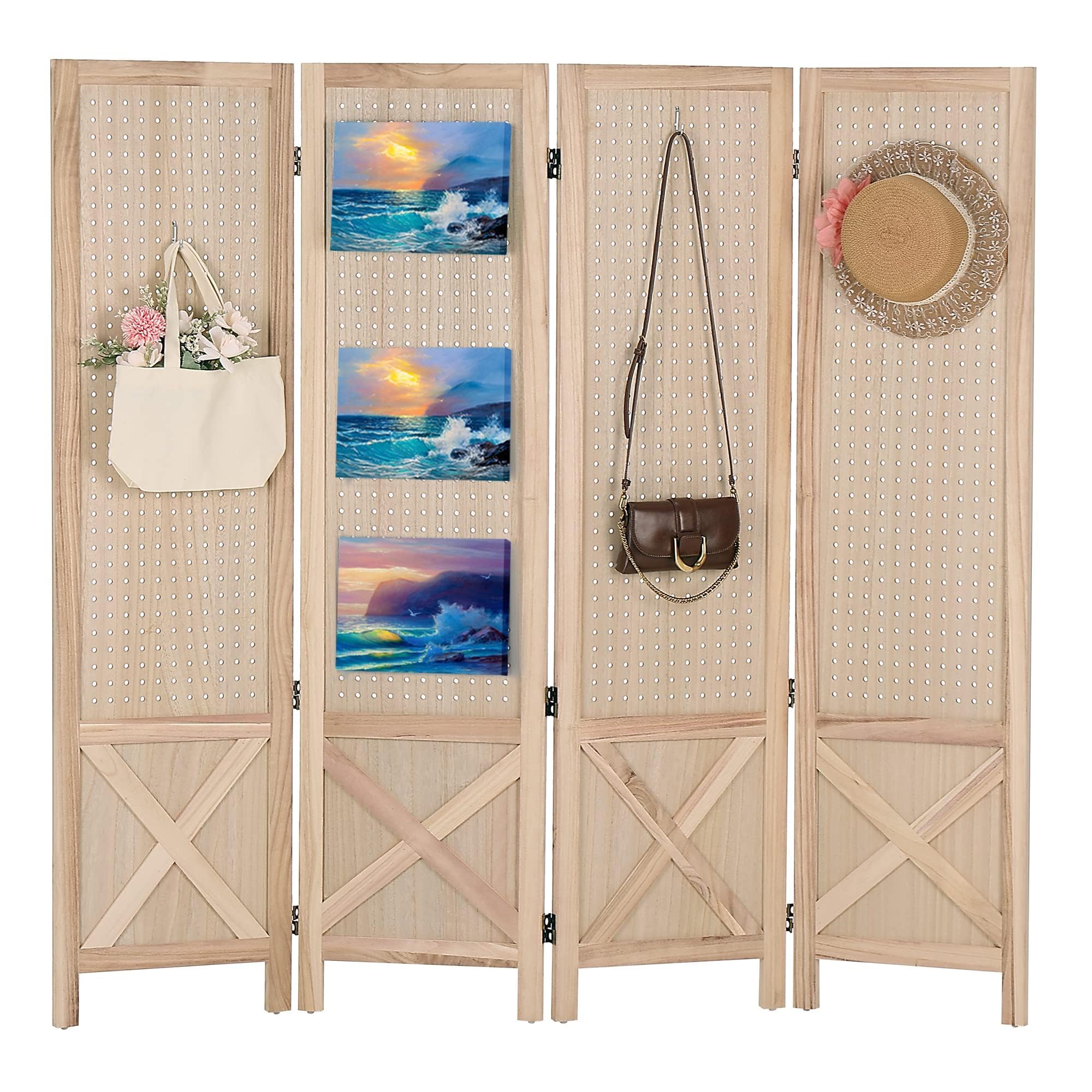 Wnutrees 4 Panel Pegboard Display, 5 Ft Wood Folding Privacy Screens Room Divider, Portable Freestanding Display Board for Craft/Art Shows, Retail, Events, Wall Organizer, Rustic Barnwood, Natural